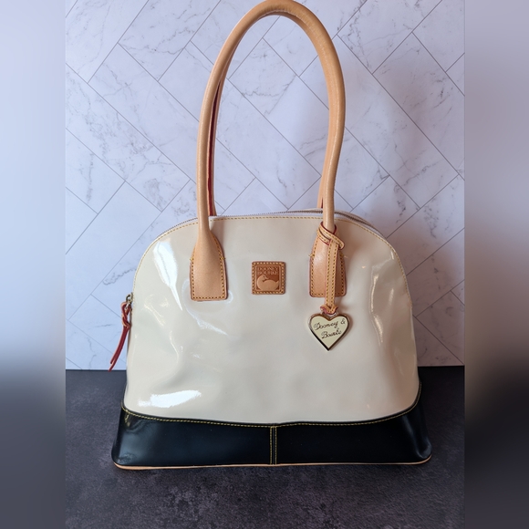 Dooney & Bourke Handbags - Dooney & Bourke Patent Leather Dome Satchel – Ivory & Black with Heart Charm